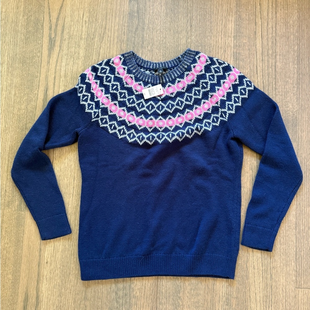 NEW Talbots Indigo Blue Diamond Fair Isle Crewneck Sweater-Size Small Petite